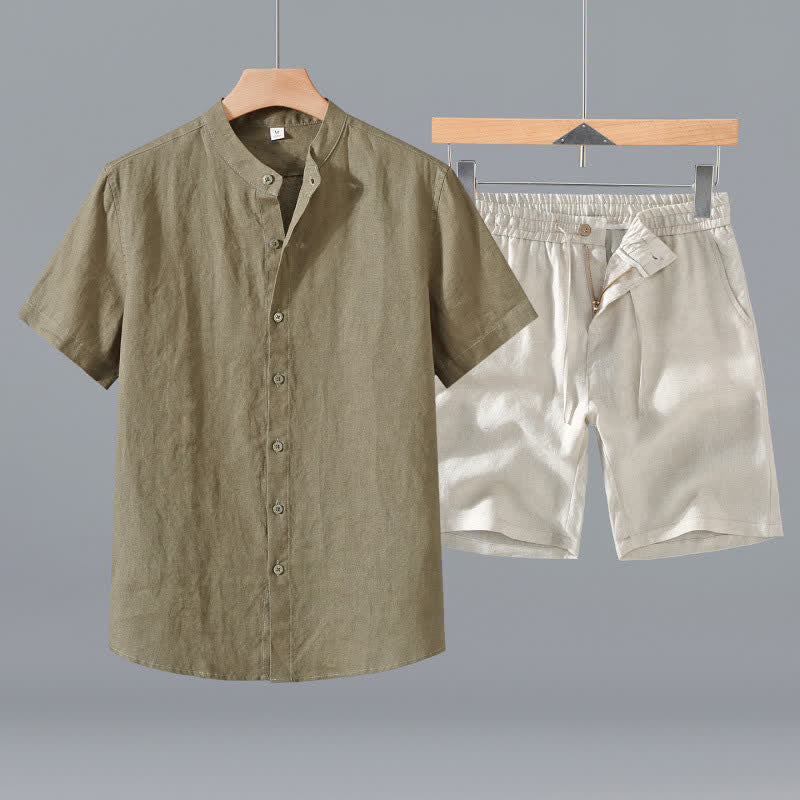 Nimara Ritual 2Pcs Summer Mandarin Collar Button-Up Solid Linen Short Sleeve Shirt Shorts Men's Meditation Cloth With Pocket