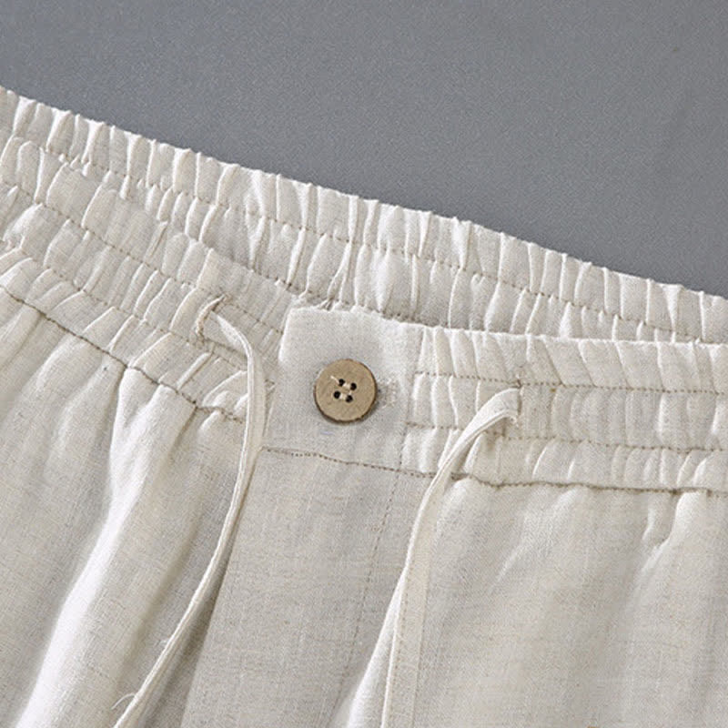 Nimara Ritual 2Pcs Summer Mandarin Collar Button-Up Solid Linen Short Sleeve Shirt Shorts Men's Meditation Cloth With Pocket
