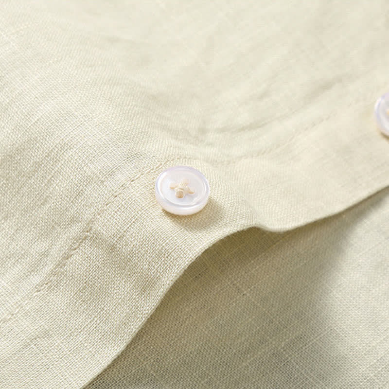 Nimara Ritual 2Pcs Summer Mandarin Collar Button-Up Solid Linen Short Sleeve Shirt Shorts Men's Meditation Cloth With Pocket