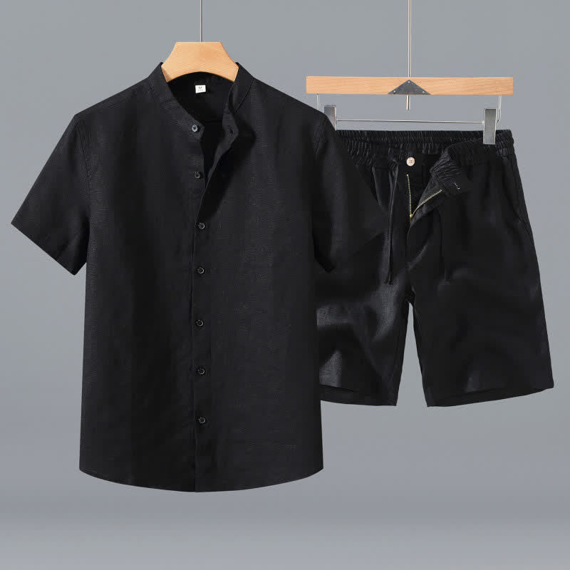 Nimara Ritual 2Pcs Summer Mandarin Collar Button-Up Solid Linen Short Sleeve Shirt Shorts Men's Meditation Cloth With Pocket