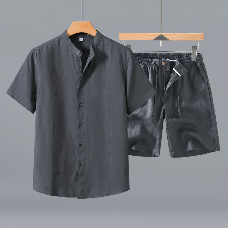 Nimara Ritual 2Pcs Summer Mandarin Collar Button-Up Solid Linen Short Sleeve Shirt Shorts Men's Meditation Cloth With Pocket