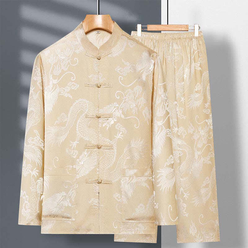 Nimara Ritual 2Pcs Tang Suit Dragon Frog-Button Men's Long Sleeve Shirt Pants Clothing Set
