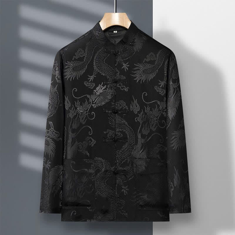 Nimara Ritual 2Pcs Tang Suit Dragon Frog-Button Men's Long Sleeve Shirt Pants Clothing Set