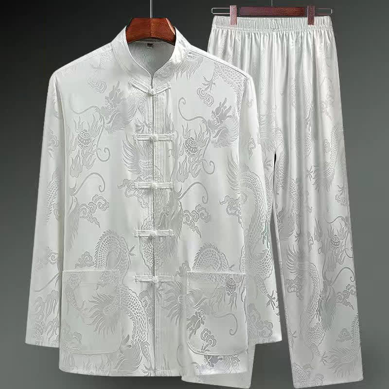 Nimara Ritual 2Pcs Tang Suit Dragon Frog-Button Men's Long Sleeve Shirt Pants Clothing Set