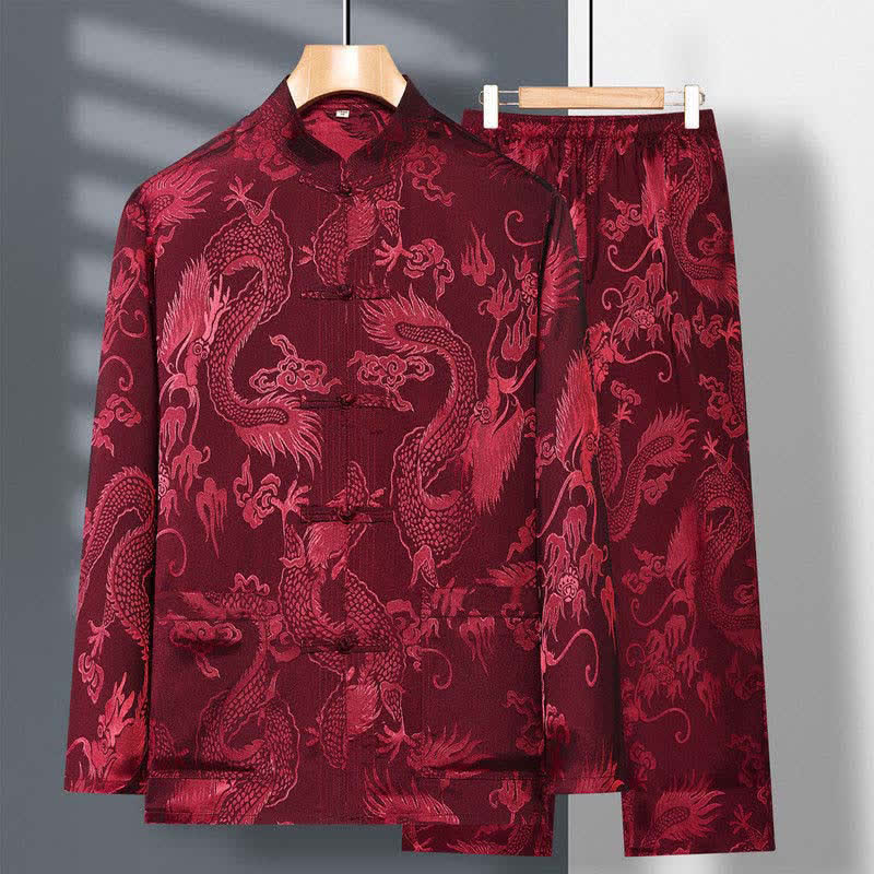 Nimara Ritual 2Pcs Tang Suit Dragon Frog-Button Men's Long Sleeve Shirt Pants Clothing Set