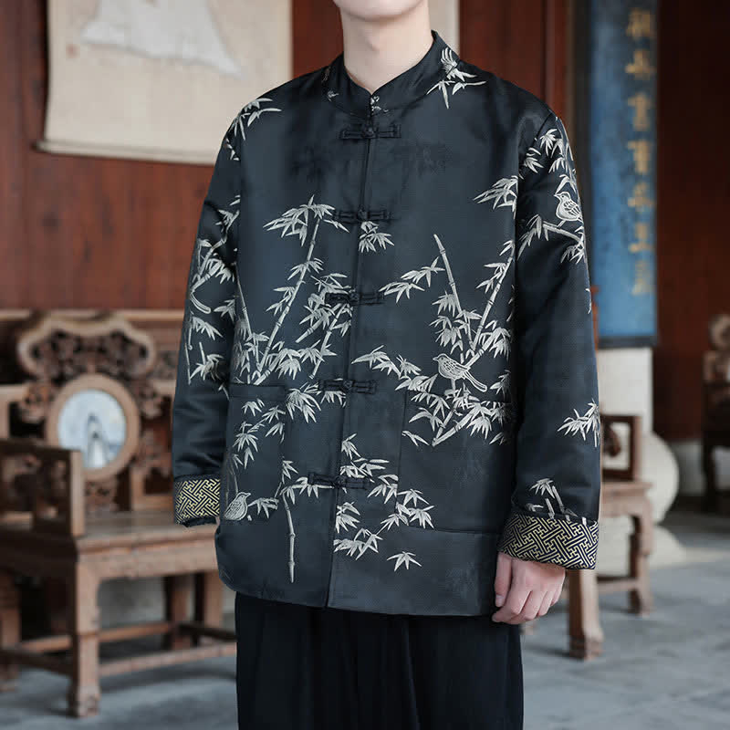 Nimara Ritual Fall Winter Tang Style Vintage Mandarin Collar Crane Print Men's Jackets With Pocket