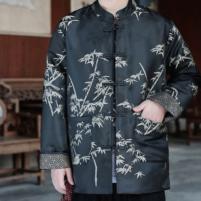 Nimara Ritual Fall Winter Tang Style Vintage Mandarin Collar Crane Print Men's Jackets With Pocket