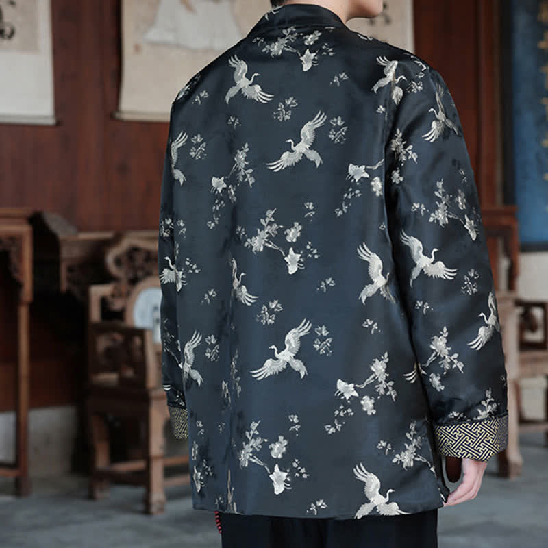 Nimara Ritual Fall Winter Tang Style Vintage Mandarin Collar Crane Print Men's Jackets With Pocket