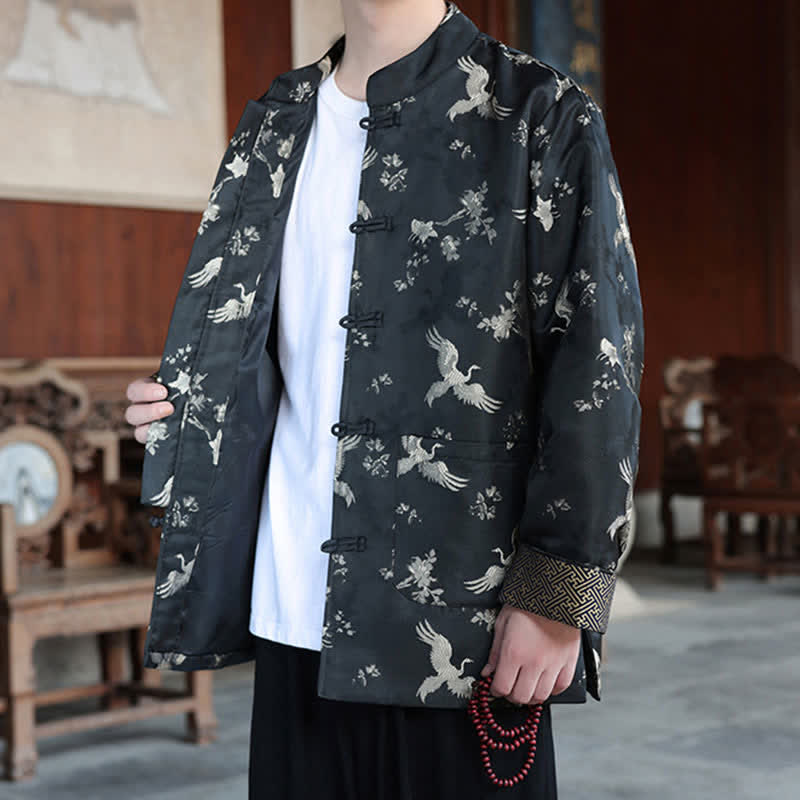 Nimara Ritual Fall Winter Tang Style Vintage Mandarin Collar Crane Print Men's Jackets With Pocket