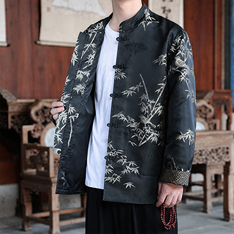 Nimara Ritual Fall Winter Tang Style Vintage Mandarin Collar Crane Print Men's Jackets With Pocket