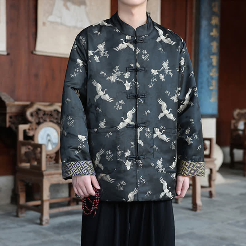 Nimara Ritual Fall Winter Tang Style Vintage Mandarin Collar Crane Print Men's Jackets With Pocket
