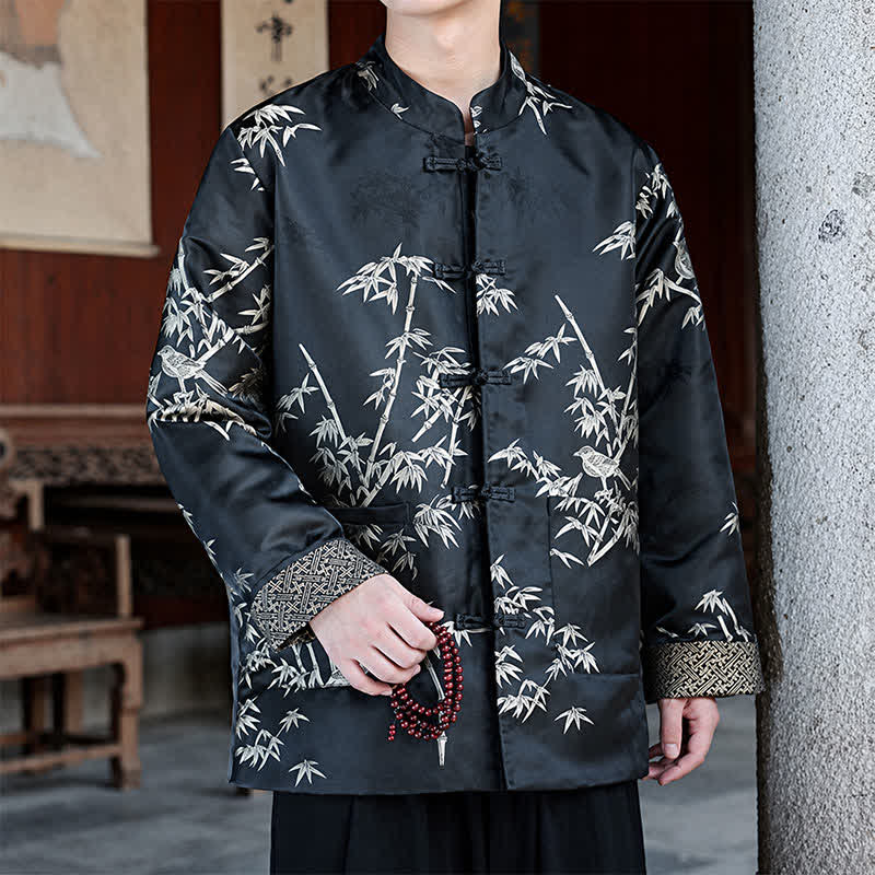 Nimara Ritual Fall Winter Tang Style Vintage Mandarin Collar Crane Print Men's Jackets With Pocket