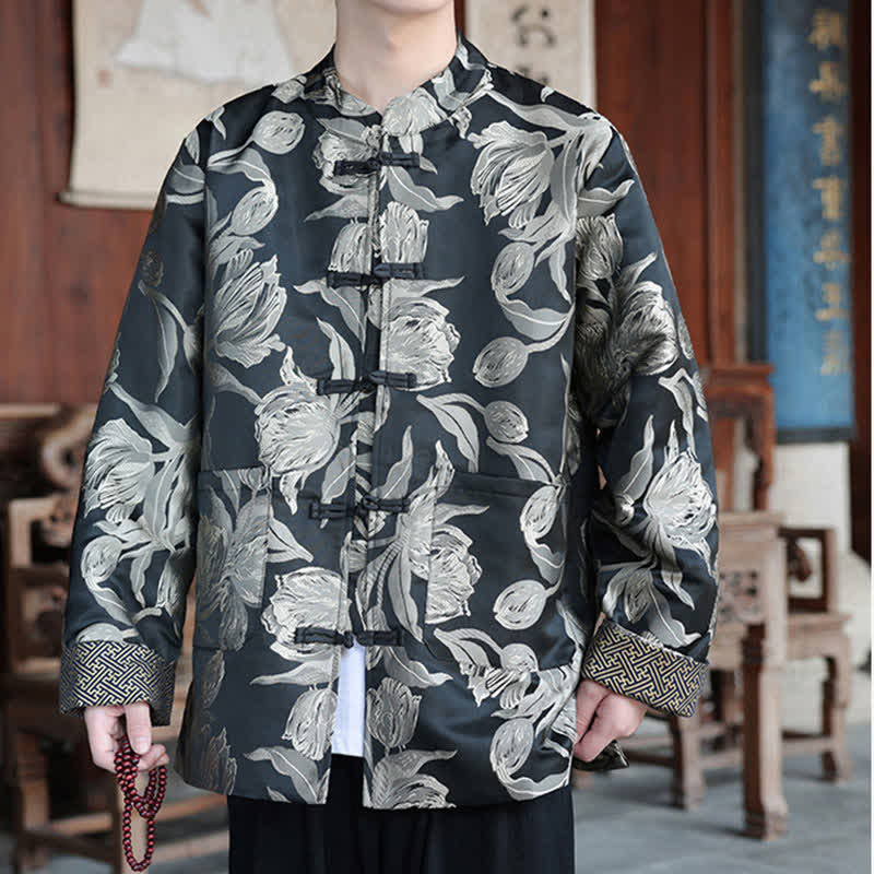 Nimara Ritual Fall Winter Tang Style Vintage Mandarin Collar Crane Print Men's Jackets With Pocket