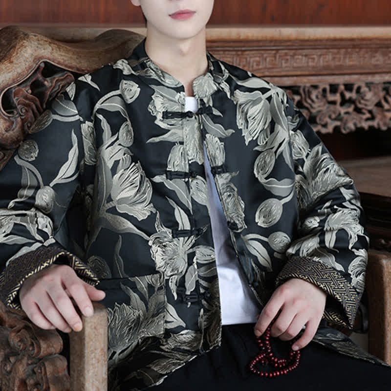 Nimara Ritual Fall Winter Tang Style Vintage Mandarin Collar Crane Print Men's Jackets With Pocket