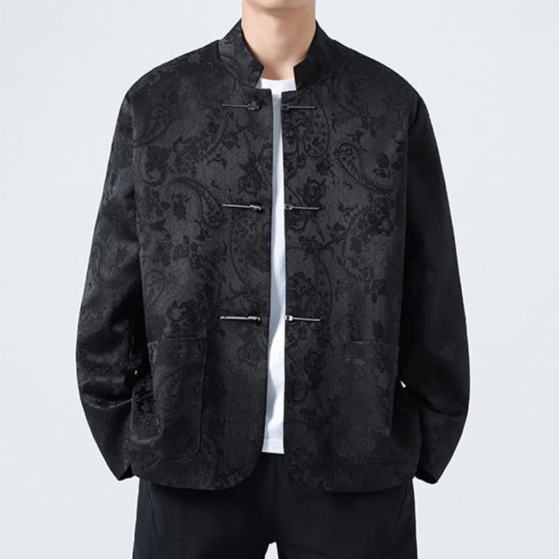 Nimara Ritual Fall Winter Tang Style Vintage Mandarin Collar Frog Button Floral Men's Jackets With Pocket