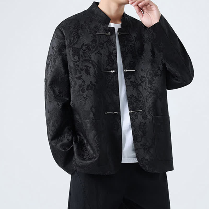 Nimara Ritual Fall Winter Tang Style Vintage Mandarin Collar Frog Button Floral Men's Jackets With Pocket