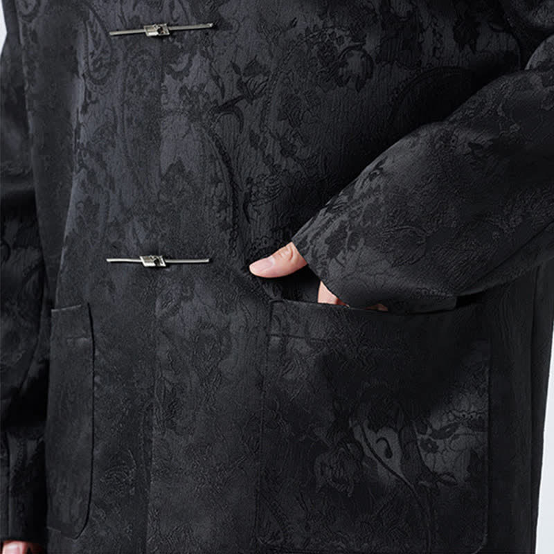 Nimara Ritual Fall Winter Tang Style Vintage Mandarin Collar Frog Button Floral Men's Jackets With Pocket