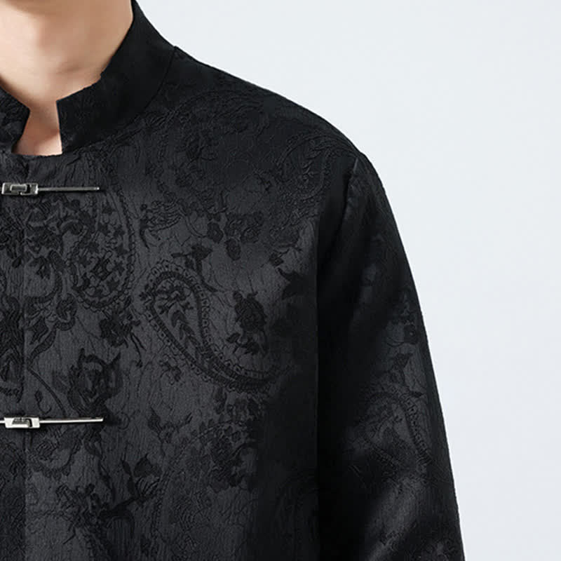 Nimara Ritual Fall Winter Tang Style Vintage Mandarin Collar Frog Button Floral Men's Jackets With Pocket