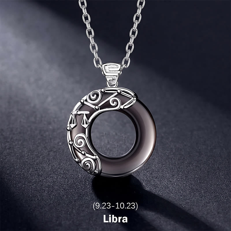 Nimara Ritual 12 Constellations of the Zodiac Ice Obsidian Blessing Round Pendant Necklace