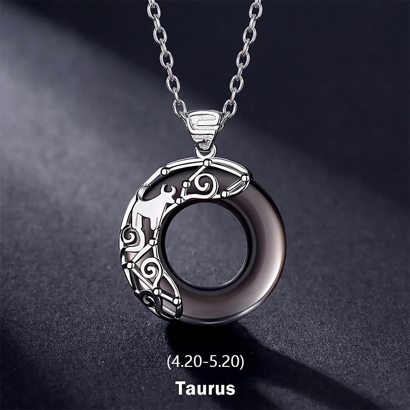 Nimara Ritual 12 Constellations of the Zodiac Ice Obsidian Blessing Round Pendant Necklace