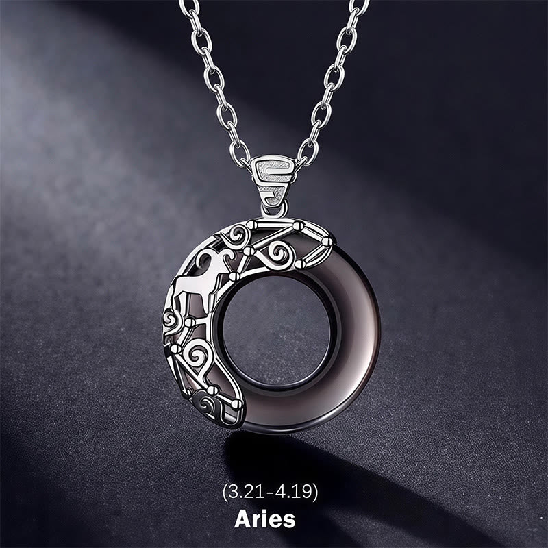 Nimara Ritual 12 Constellations of the Zodiac Ice Obsidian Blessing Round Pendant Necklace