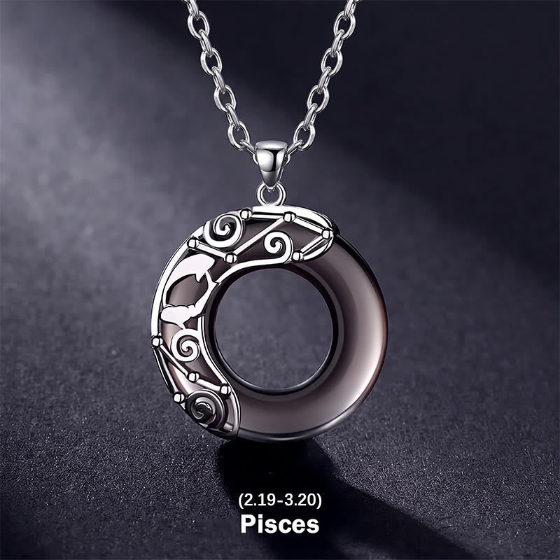 Nimara Ritual 12 Constellations of the Zodiac Ice Obsidian Blessing Round Pendant Necklace