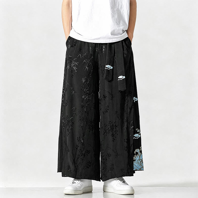 Nimara Ritual Spring Summer Tang Style Drawstring Embroidery Abstract Cropped Pants Men's Wide Leg Pants With Pocket