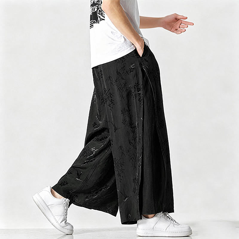 Nimara Ritual Spring Summer Tang Style Drawstring Embroidery Abstract Cropped Pants Men's Wide Leg Pants With Pocket