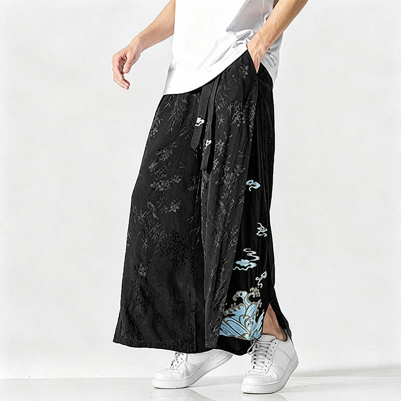 Nimara Ritual Spring Summer Tang Style Drawstring Embroidery Abstract Cropped Pants Men's Wide Leg Pants With Pocket