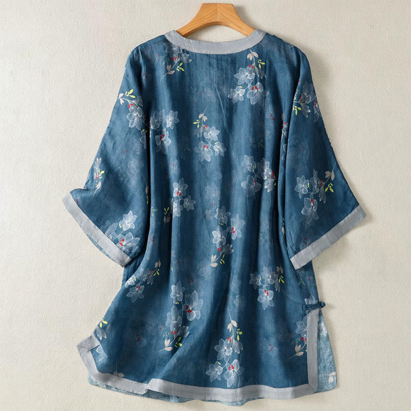 Nimara Ritual Spring Summer Tang Style Vintage Frog Button Floral Cotton Linen Women's Elbow-Length Sleeve Shirts