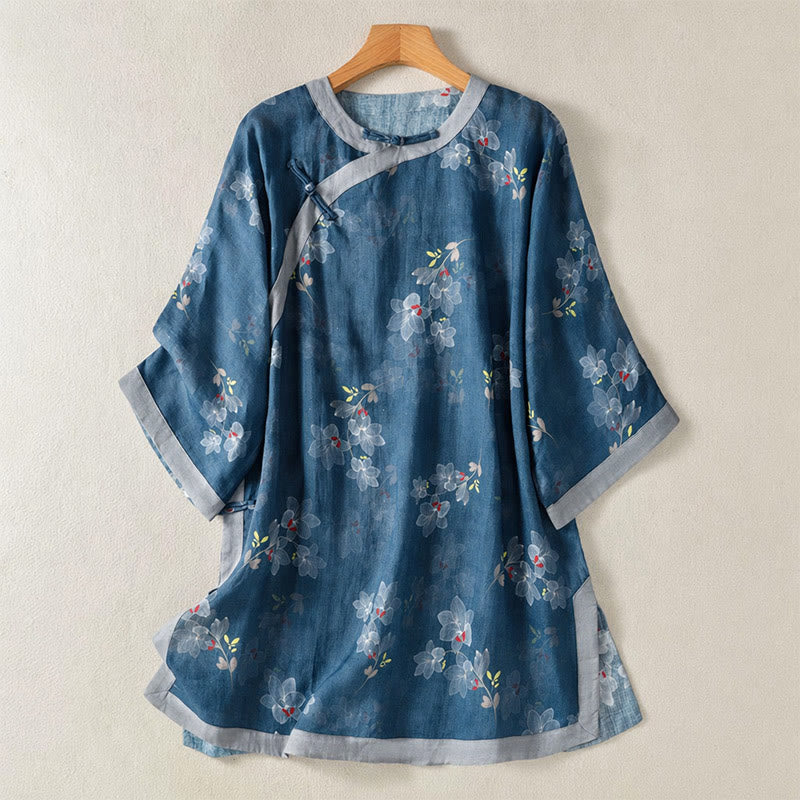 Nimara Ritual Spring Summer Tang Style Vintage Frog Button Floral Cotton Linen Women's Elbow-Length Sleeve Shirts