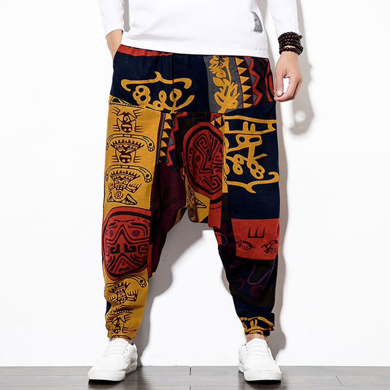 Nimara Ritual Red Brown Graffiti Bird Print Men's Harem Pants With Pockets