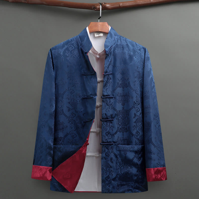 Nimara Ritual 2Pcs Men's Tang Suit Koi Fish Pattern Frog-Button Long Sleeve Shirt Pants Set
