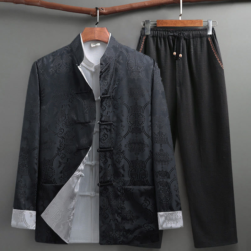 Nimara Ritual 2Pcs Men's Tang Suit Koi Fish Pattern Frog-Button Long Sleeve Shirt Pants Set