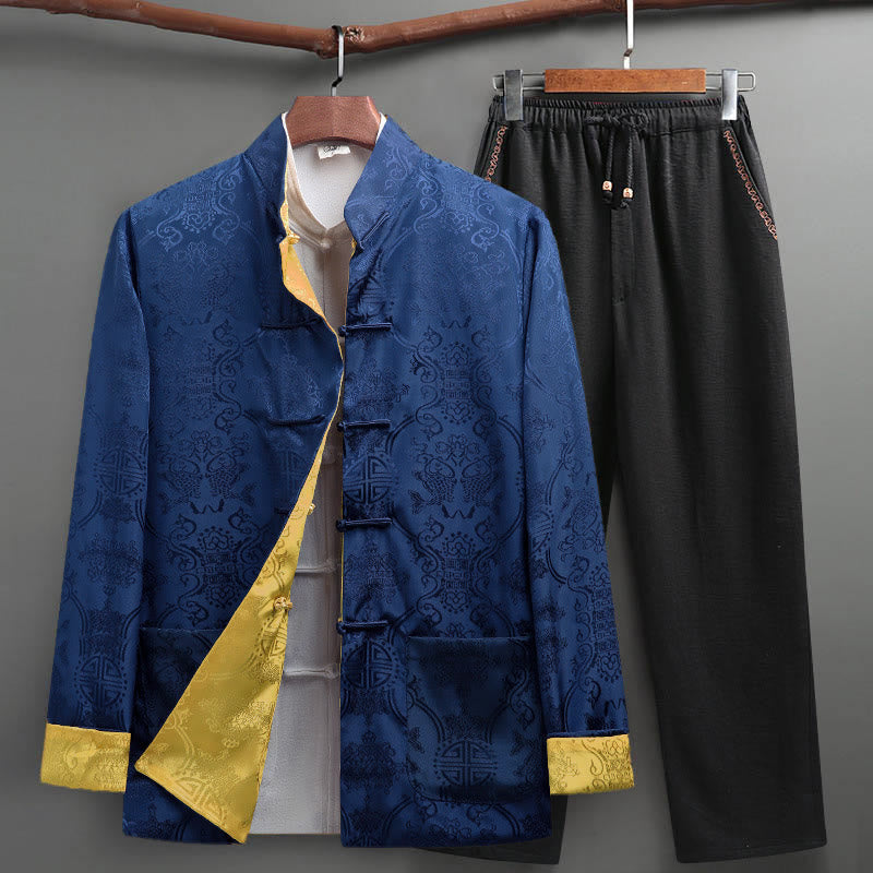 Nimara Ritual 2Pcs Men's Tang Suit Koi Fish Pattern Frog-Button Long Sleeve Shirt Pants Set