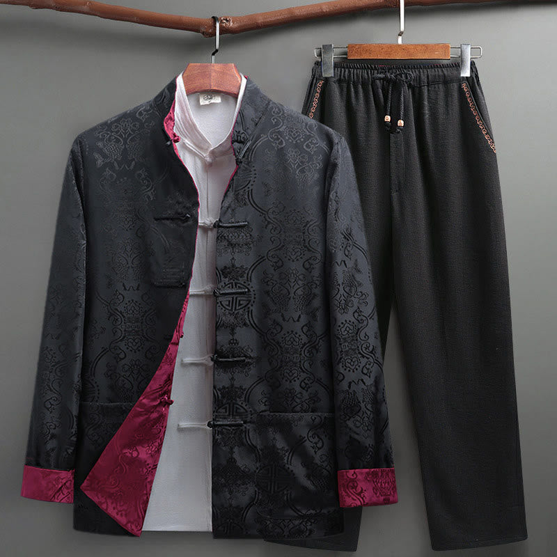 Nimara Ritual 2Pcs Men's Tang Suit Koi Fish Pattern Frog-Button Long Sleeve Shirt Pants Set