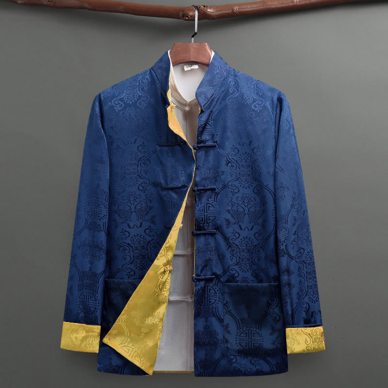 Nimara Ritual 2Pcs Men's Tang Suit Koi Fish Pattern Frog-Button Long Sleeve Shirt Pants Set