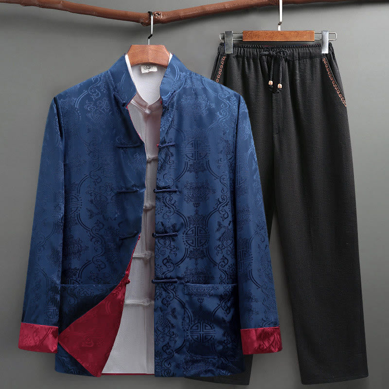 Nimara Ritual 2Pcs Men's Tang Suit Koi Fish Pattern Frog-Button Long Sleeve Shirt Pants Set