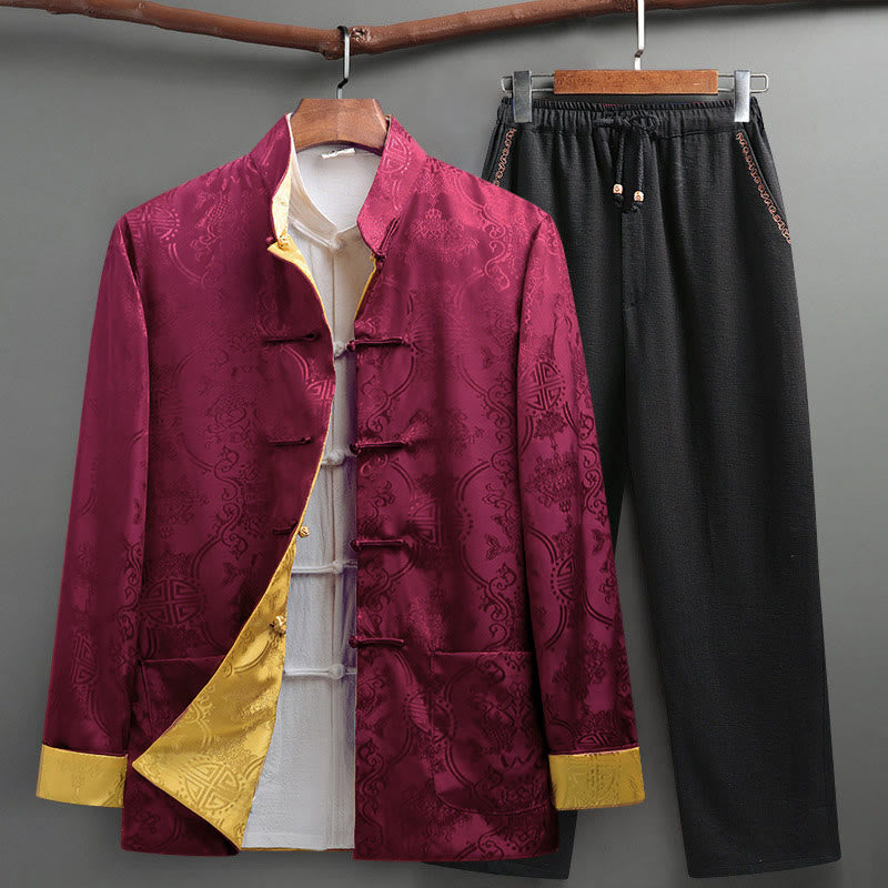 Nimara Ritual 2Pcs Men's Tang Suit Koi Fish Pattern Frog-Button Long Sleeve Shirt Pants Set