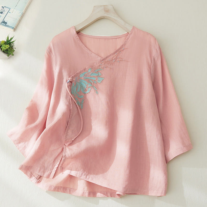 Nimara Ritual Casual Women's Embroidery Plants Design Three Quarter Sleeve Shirt