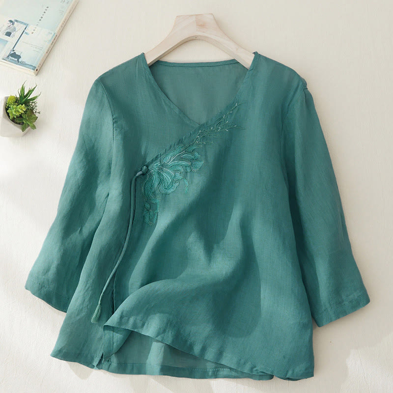 Nimara Ritual Casual Women's Embroidery Plants Design Three Quarter Sleeve Shirt