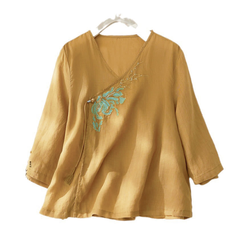 Nimara Ritual Casual Women's Embroidery Plants Design Three Quarter Sleeve Shirt