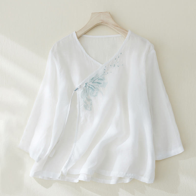 Nimara Ritual Casual Women's Embroidery Plants Design Three Quarter Sleeve Shirt