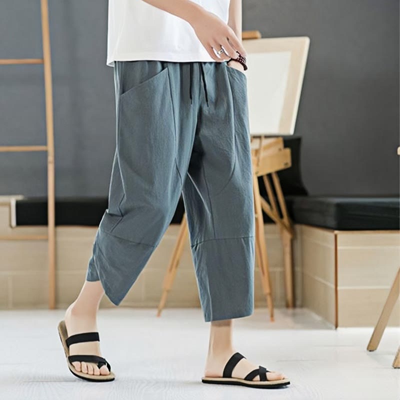 Nimara Ritual Summer Men's Solid Color 7-8 Length Drawstring Pants With Pockets