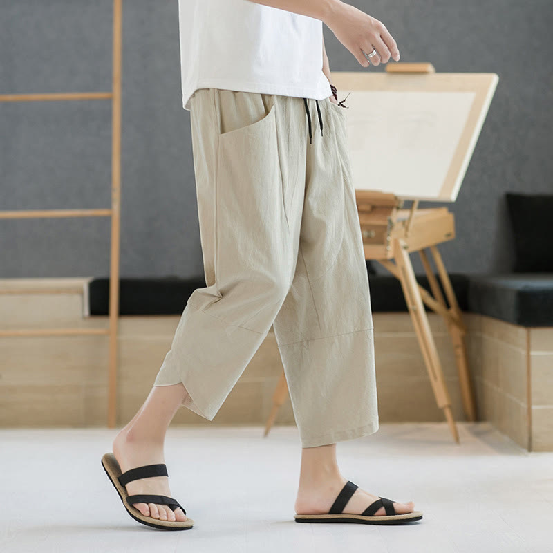 Nimara Ritual Summer Men's Solid Color 7-8 Length Drawstring Pants With Pockets