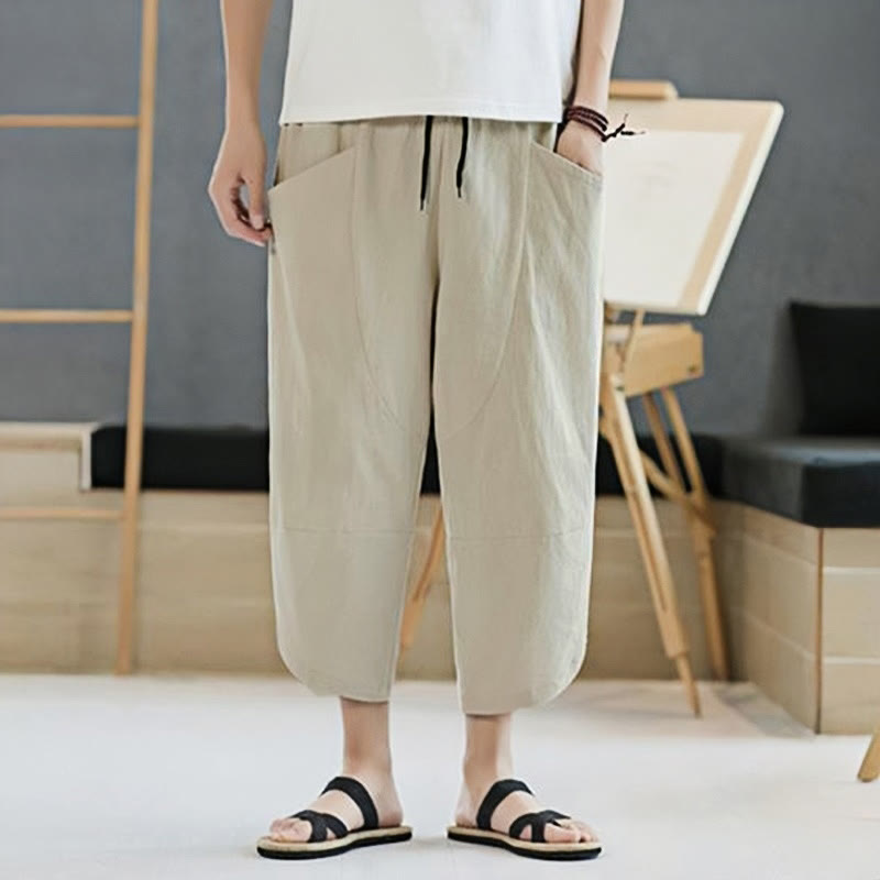 Nimara Ritual Summer Men's Solid Color 7-8 Length Drawstring Pants With Pockets