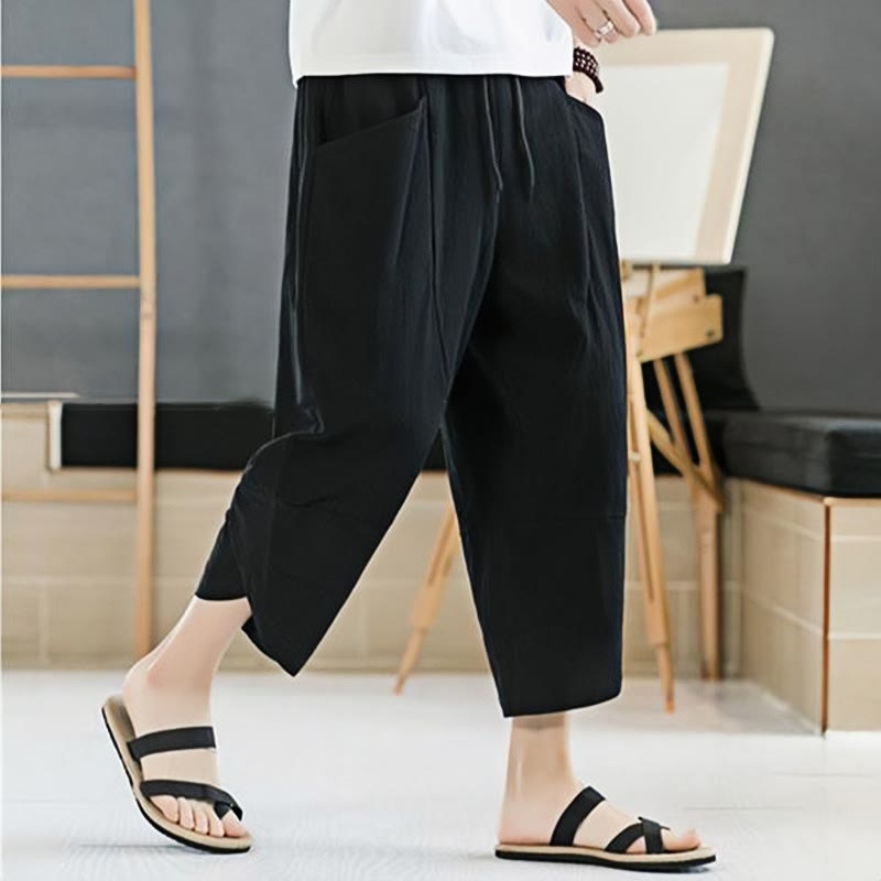 Nimara Ritual Summer Men's Solid Color 7-8 Length Drawstring Pants With Pockets