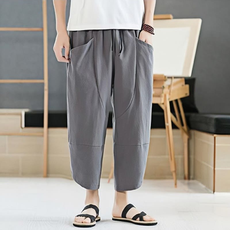 Nimara Ritual Summer Men's Solid Color 7-8 Length Drawstring Pants With Pockets
