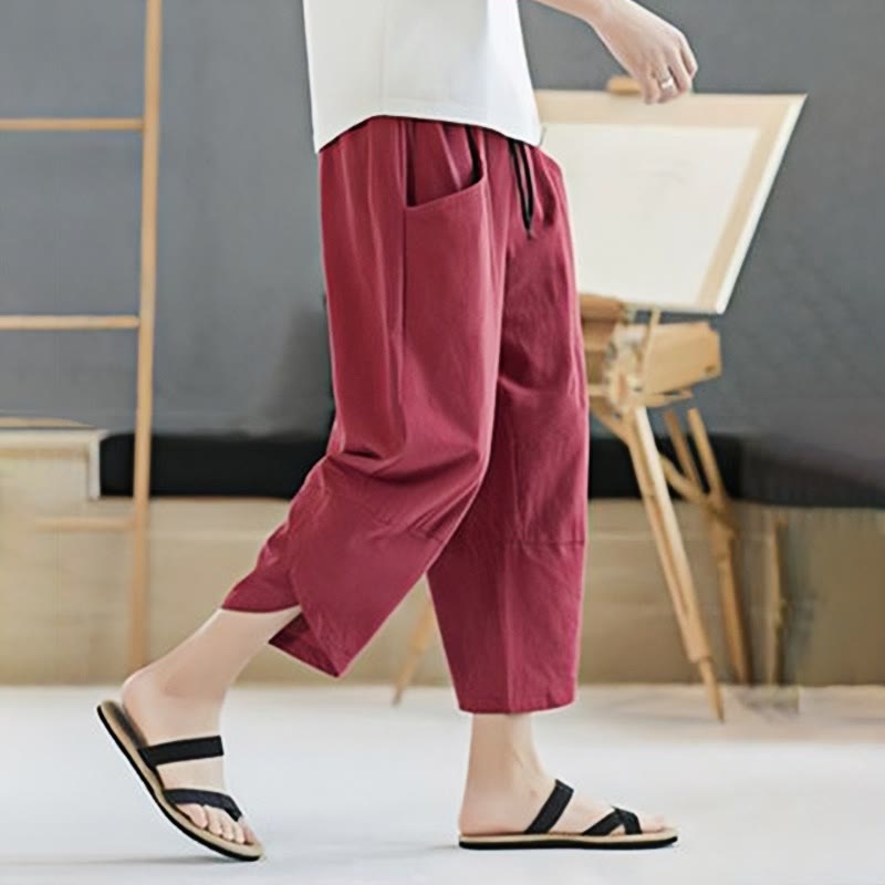 Nimara Ritual Summer Men's Solid Color 7-8 Length Drawstring Pants With Pockets