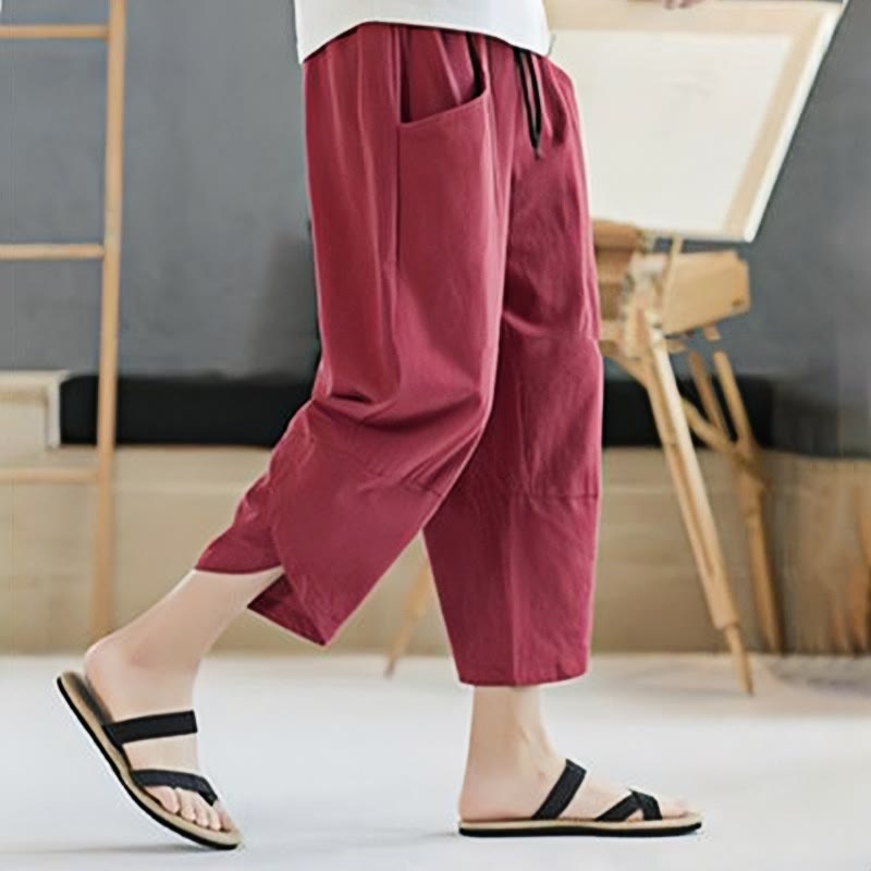 Nimara Ritual Summer Men's Solid Color 7-8 Length Drawstring Pants With Pockets